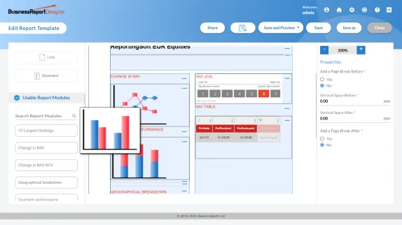 Business Report Designer: the edit-report-template screen, with the report-module library on the left and page properties on the right