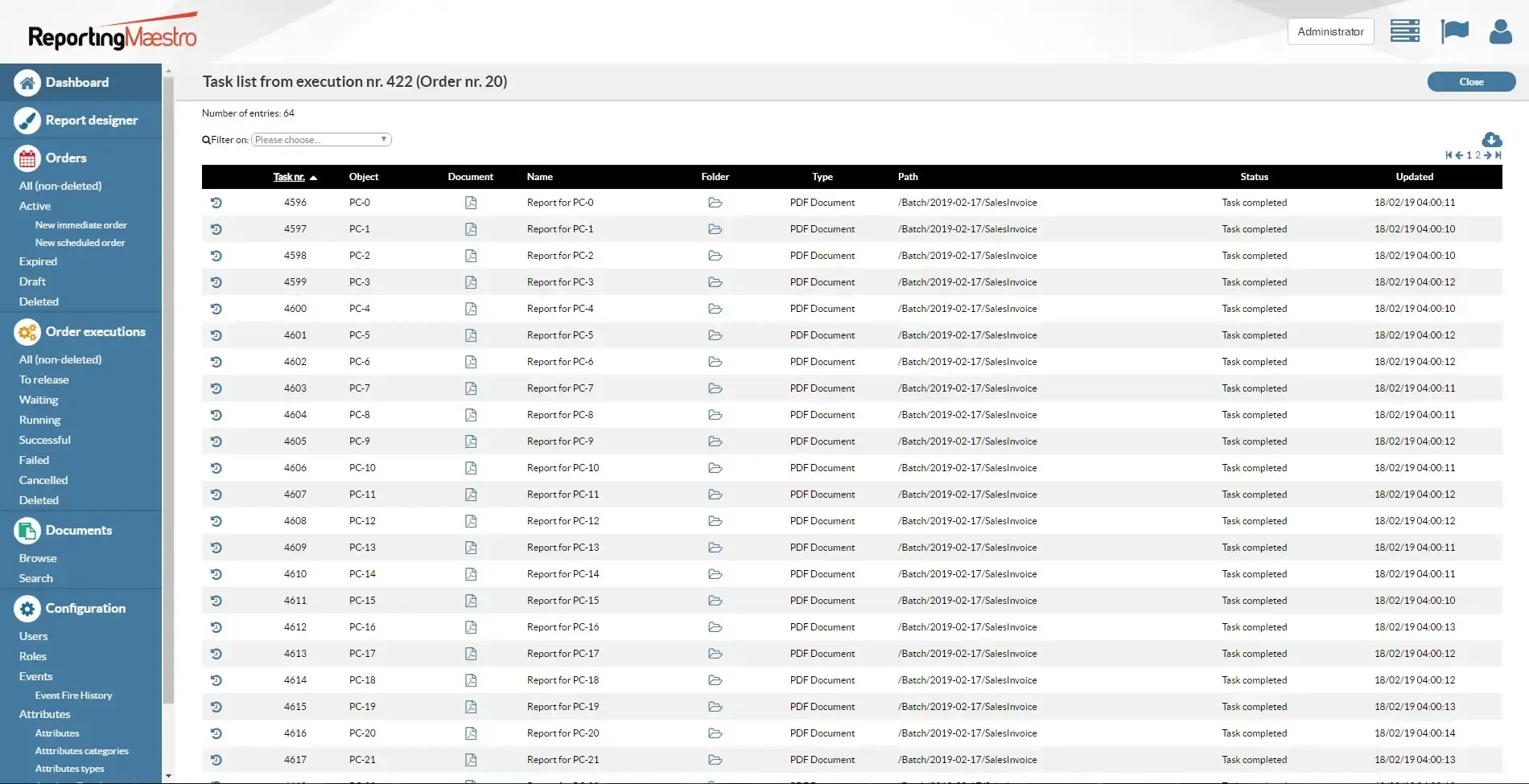 Reporting Maestro: task list of one execution, dozens of PDF reports generated and verified