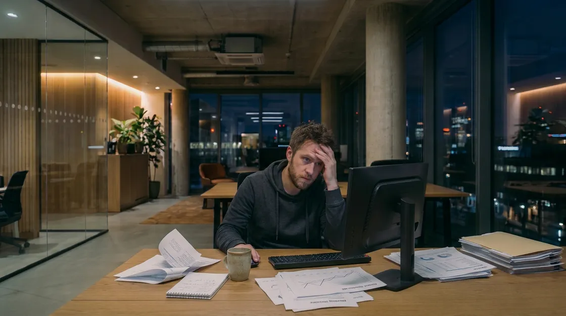 A man sits alone at a desk in an open-plan office at night, one hand against his forehead, with printed reports spread across the desk in front of him.