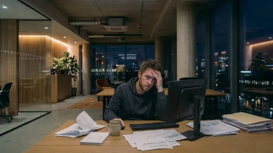 A man sits alone at a desk in an open-plan office at night, one hand against his forehead, with printed reports spread across the desk in front of him.