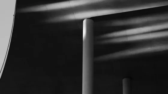Concrete columns beneath a dark curved soffit crossed by bands of light
